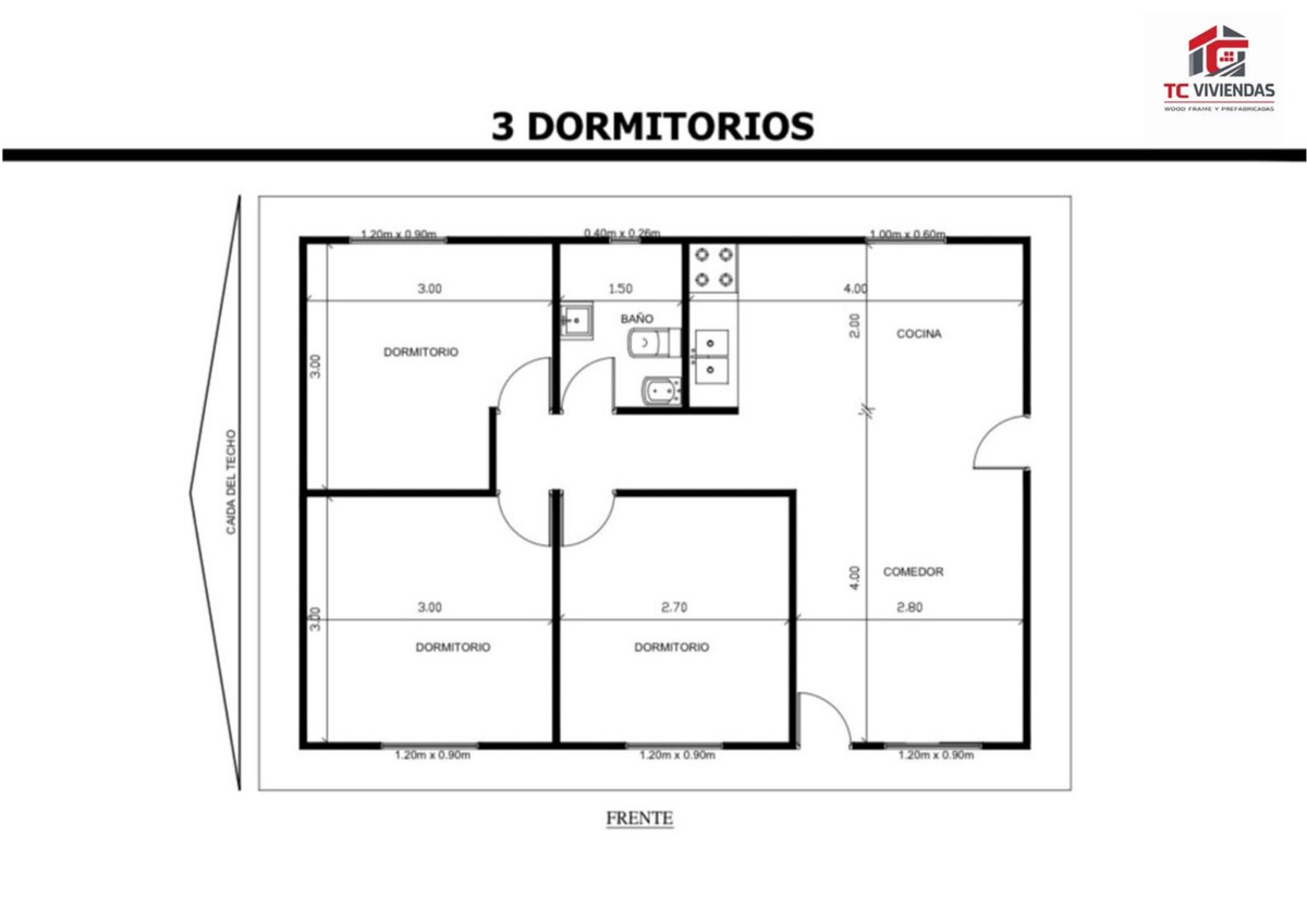 Plano referencial de vivienda de tres dormitorios